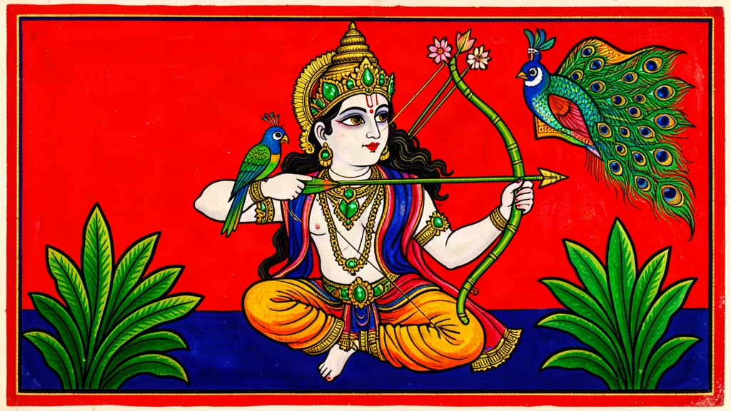 A Basohli miniature in violent flat colour: Kāmadeva in profile drawing a sugarcane bow against a hot vermilion field over indigo, with iridescent beetle-wing green accents and a thick painted red border.