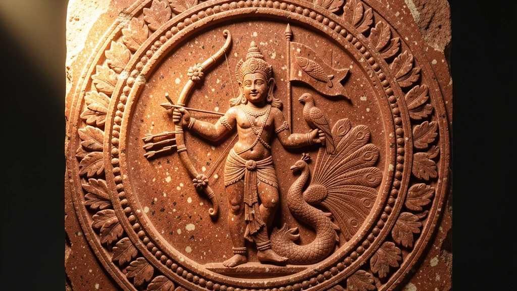 A carved relief in mottled red Sikri sandstone: Kāmadeva drawing a bow of sugarcane with five flower-tipped arrows, a parrot on his wrist, a peacock fanned beside him and a fish banner on a standard, framed in carved bands of foliage and pearls.