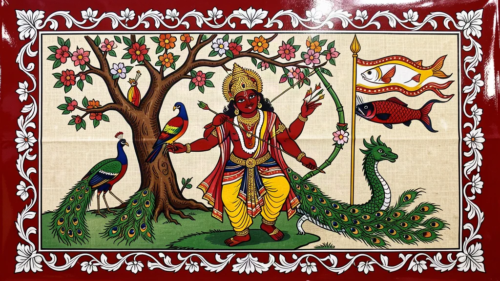 An Odisha Pattachitra on sized cloth: Kāmadeva beneath a flowering tree with a sugarcane bow and five flower arrows, drawn in bold black outline and filled flat with vermilion, yellow and white, inside a white creeper-flower border.