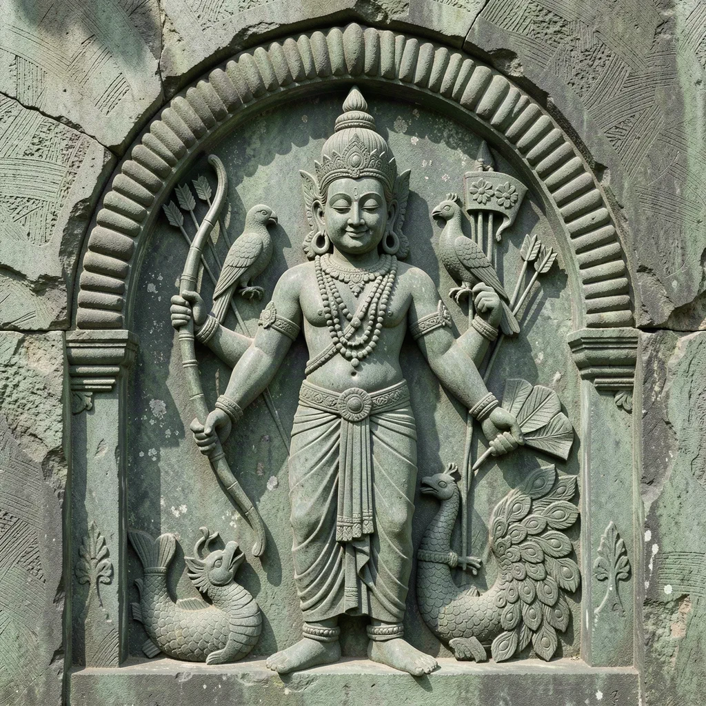 A carved relief in mottled red Sikri sandstone: Kāmadeva drawing a bow of sugarcane with five flower-tipped arrows, a parrot on his wrist, a peacock fanned beside him and a fish banner on a standard, framed in carved bands of foliage and pearls.