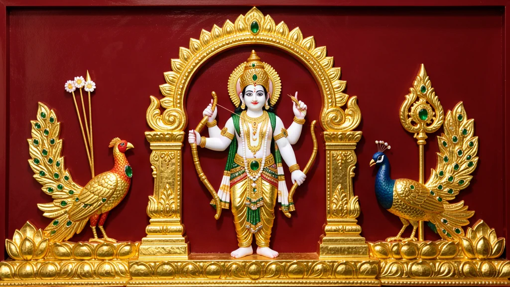 A Thanjavur painting: Kāmadeva beneath a gilded arch, raised gesso covered in burnished 22-carat gold leaf and set with cut-glass stones, against a flat deep madder background.