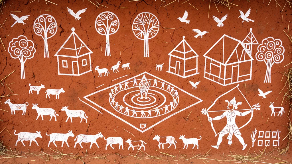 A Warli wall painting in white rice paste on red-ochre earth: the sacred square with the goddess at its centre, a spiral tarpa dance of figures, huts, trees, birds and a herd, with an archer figure — all built only from circles, triangles and squares.